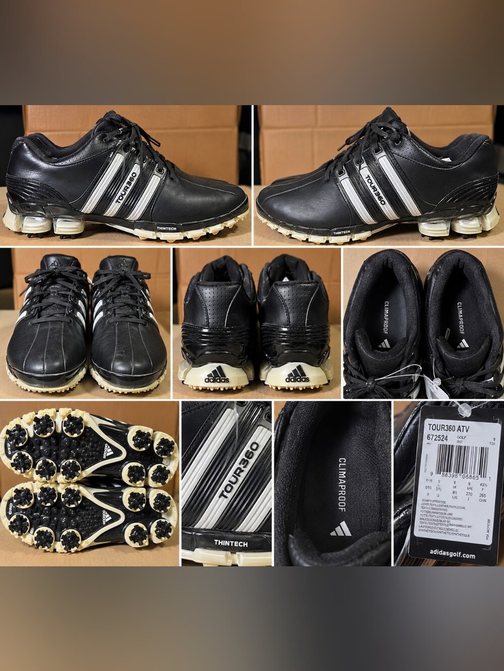 Adidas Tour360 ATV 2012 Golf Shoes Mens 9.5 Black Leather Spikes 672524 NOS